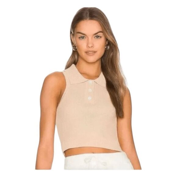 SER.O.YA Serena Collared Knit Top Croissant Tan Sweater Cropped Sleeveless L - Picture 1 of 6